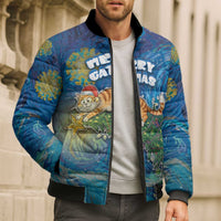 Merry Catmas Bomber Puffer Jacket Cat Hanging On Xmas Tree - Wonder Print Shop