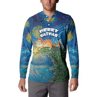 Merry Catmas Button Sweatshirt Cat Hanging On Xmas Tree - Wonder Print Shop