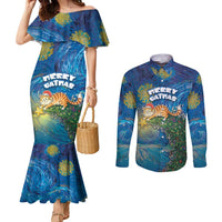 Merry Catmas Couples Matching Mermaid Dress and Long Sleeve Button Shirt Cat Hanging On Xmas Tree - Wonder Print Shop