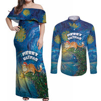 Merry Catmas Couples Matching Off Shoulder Maxi Dress and Long Sleeve Button Shirt Cat Hanging On Xmas Tree - Wonder Print Shop