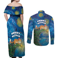 Merry Catmas Couples Matching Off Shoulder Maxi Dress and Long Sleeve Button Shirt Cat Hanging On Xmas Tree - Wonder Print Shop