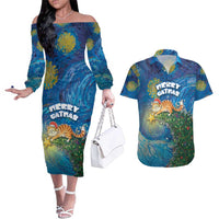 Merry Catmas Couples Matching Off The Shoulder Long Sleeve Dress and Hawaiian Shirt Cat Hanging On Xmas Tree - Wonder Print Shop