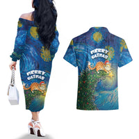 Merry Catmas Couples Matching Off The Shoulder Long Sleeve Dress and Hawaiian Shirt Cat Hanging On Xmas Tree - Wonder Print Shop