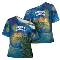 Merry Catmas Cross Shoulder Shirt Cat Hanging On Xmas Tree - Wonder Print Shop