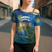 Merry Catmas Cross Shoulder Shirt Cat Hanging On Xmas Tree - Wonder Print Shop