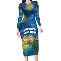Merry Catmas Family Matching Long Sleeve Bodycon Dress and Hawaiian Shirt Cat Hanging On Xmas Tree - Wonder Print Shop