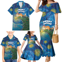 Merry Catmas Family Matching Mermaid Dress and Hawaiian Shirt Cat Hanging On Xmas Tree - Wonder Print Shop