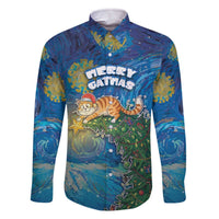 Merry Catmas Family Matching Off The Shoulder Long Sleeve Dress and Hawaiian Shirt Cat Hanging On Xmas Tree - Wonder Print Shop