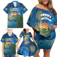 Merry Catmas Family Matching Off Shoulder Short Dress and Hawaiian Shirt Cat Hanging On Xmas Tree - Wonder Print Shop