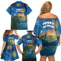 Merry Catmas Family Matching Off Shoulder Short Dress and Hawaiian Shirt Cat Hanging On Xmas Tree - Wonder Print Shop