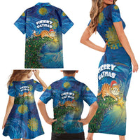 Merry Catmas Family Matching Short Sleeve Bodycon Dress and Hawaiian Shirt Cat Hanging On Xmas Tree - Wonder Print Shop