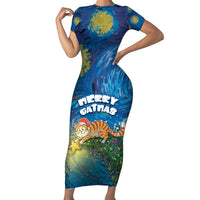 Merry Catmas Family Matching Short Sleeve Bodycon Dress and Hawaiian Shirt Cat Hanging On Xmas Tree - Wonder Print Shop