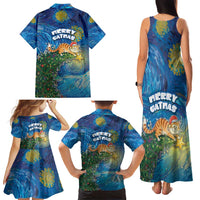 Merry Catmas Family Matching Tank Maxi Dress and Hawaiian Shirt Cat Hanging On Xmas Tree - Wonder Print Shop