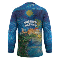 Merry Catmas Hockey Jersey Cat Hanging On Xmas Tree - Wonder Print Shop