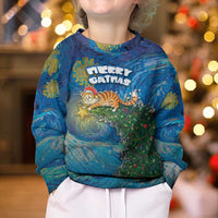 Merry Catmas Kid Ugly Christmas Sweater Cat Hanging On Xmas Tree - Wonder Print Shop