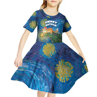 Merry Catmas Kid Short Sleeve Dress Cat Hanging On Xmas Tree - Wonder Print Shop