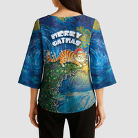 Merry Catmas Kimono Sleeve Blouse Cat Hanging On Xmas Tree - Wonder Print Shop
