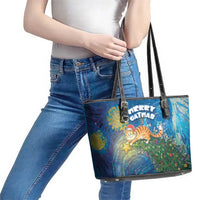 Merry Catmas Leather Tote Bag Cat Hanging On Xmas Tree - Wonder Print Shop