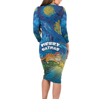 Merry Catmas Long Sleeve Bodycon Dress Cat Hanging On Xmas Tree - Wonder Print Shop