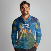 Merry Catmas Long Sleeve Polo Shirt Cat Hanging On Xmas Tree - Wonder Print Shop