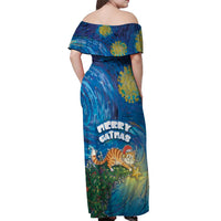 Merry Catmas Off Shoulder Maxi Dress Cat Hanging On Xmas Tree - Wonder Print Shop