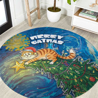 Merry Catmas Round Carpet Cat Hanging On Xmas Tree - Wonder Print Shop