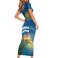 Merry Catmas Short Sleeve Bodycon Dress Cat Hanging On Xmas Tree - Wonder Print Shop