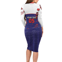 Custom Japan Football Long Sleeve Bodycon Dress Minimalist Floral Great Wave Ukiyo-e Style