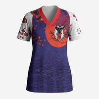 Custom Japan Football Scrub Top Minimalist Floral Great Wave Ukiyo-e Style