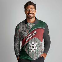 Custom Jordan Football Long Sleeve Polo Shirt Jordanian National Flag Colors Retro Glitch Art