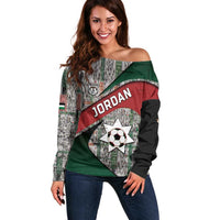 Custom Jordan Football Off Shoulder Sweater Jordanian National Flag Colors Retro Glitch Art