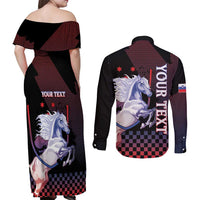 Personalized Slovenia Couples Matching Off Shoulder Maxi Dress and Long Sleeve Button Shirt The Lipizzaner Horse - Wonder Print Shop