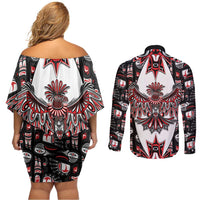 Canada Haida Couples Matching Off Shoulder Short Dress and Long Sleeve Button Shirt Thunderbird Northwest Coast Indigenous - Wonder Print Shop