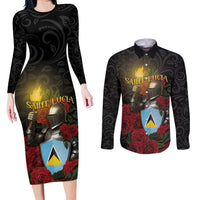 Saint Lucia Couples Matching Long Sleeve Bodycon Dress and Long Sleeve Button Shirt Rose Iron Helmet - Wonder Print Shop