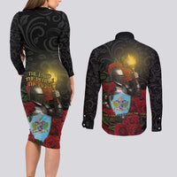 Saint Lucia Couples Matching Long Sleeve Bodycon Dress and Long Sleeve Button Shirt Rose Iron Helmet - Wonder Print Shop