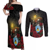 Saint Lucia Couples Matching Off Shoulder Maxi Dress and Long Sleeve Button Shirt Rose Iron Helmet - Wonder Print Shop