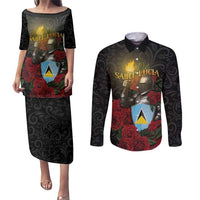 Saint Lucia Couples Matching Puletasi and Long Sleeve Button Shirt Rose Iron Helmet - Wonder Print Shop