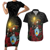 Saint Lucia Couples Matching Short Sleeve Bodycon Dress and Hawaiian Shirt Rose Iron Helmet - Wonder Print Shop