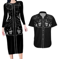 Skull Cowboy Couples Matching Long Sleeve Bodycon Dress and Hawaiian Shirt Western Yoke Style - Wonder Print Shop