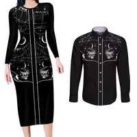 Skull Cowboy Couples Matching Long Sleeve Bodycon Dress and Long Sleeve Button Shirt Western Yoke Style - Wonder Print Shop