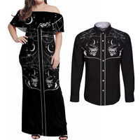 Skull Cowboy Couples Matching Off Shoulder Maxi Dress and Long Sleeve Button Shirt Western Yoke Style - Wonder Print Shop