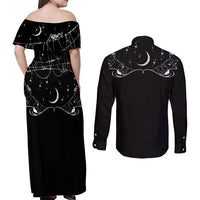 Skull Cowboy Couples Matching Off Shoulder Maxi Dress and Long Sleeve Button Shirt Western Yoke Style - Wonder Print Shop
