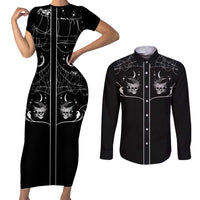Skull Cowboy Couples Matching Short Sleeve Bodycon Dress and Long Sleeve Button Shirt Western Yoke Style - Wonder Print Shop