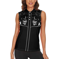 Skull Cowboy Women Sleeveless Polo Shirt Western Yoke Style - Wonder Print Shop
