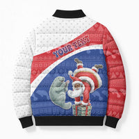 Personalized Cape Verde Christmas Bomber Puffer Jacket Black Santa Clause With The Manatee - Wonder Print Shop