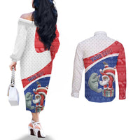 Personalized Cape Verde Christmas Couples Matching Off The Shoulder Long Sleeve Dress and Long Sleeve Button Shirt Black Santa Clause With The Manatee - Wonder Print Shop