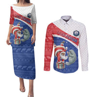 Personalized Cape Verde Christmas Couples Matching Puletasi and Long Sleeve Button Shirt Black Santa Clause With The Manatee - Wonder Print Shop