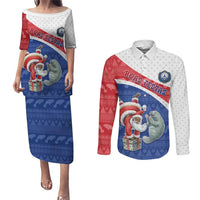 Personalized Cape Verde Christmas Couples Matching Puletasi and Long Sleeve Button Shirt Black Santa Clause With The Manatee - Wonder Print Shop