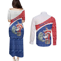 Personalized Cape Verde Christmas Couples Matching Puletasi and Long Sleeve Button Shirt Black Santa Clause With The Manatee - Wonder Print Shop