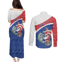 Personalized Cape Verde Christmas Couples Matching Puletasi and Long Sleeve Button Shirt Black Santa Clause With The Manatee - Wonder Print Shop